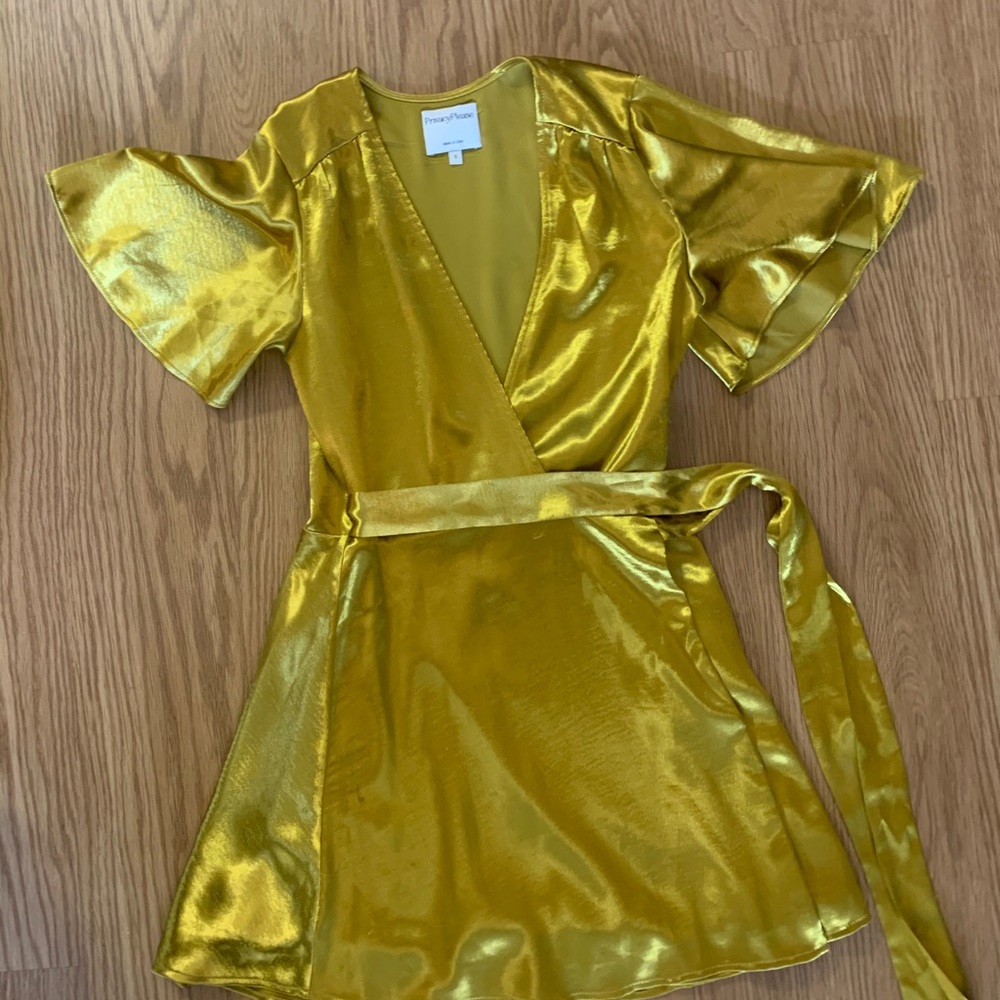 Privacy Please Gold Wrap Mini Dress